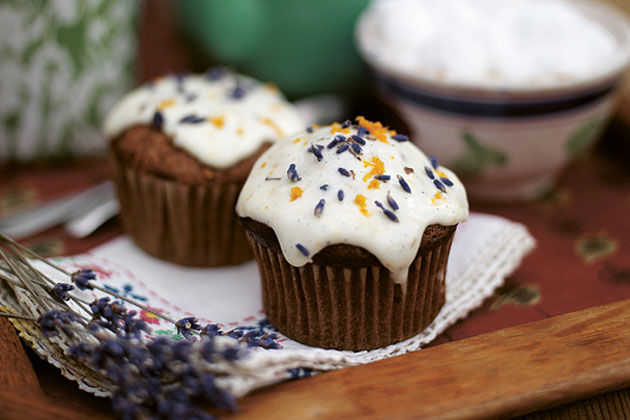 Healthy cake - is it possible? - cupcake with lavender and orange scattered on top with icing