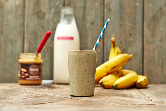 homemade protein shake with milk, peanut butter and bananas