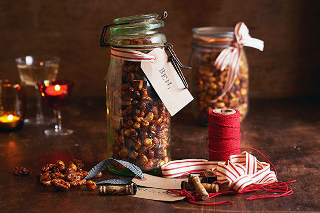 honey roasted nuts in a mason jar, gift wrapped