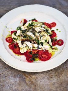 Fantastic tomato and fennel salad with flaked barbecued fish