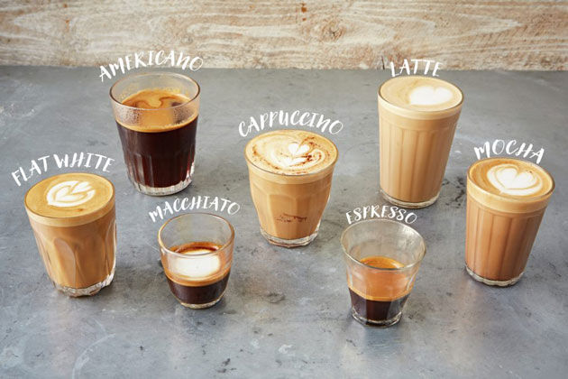 different types of Coffee lined up