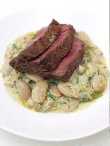 Grilled fillet steak with the creamiest white beans & leeks