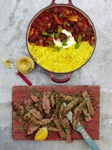 Grilled steak ratatouille & saffron rice