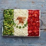 food shaped into a flag in a tray