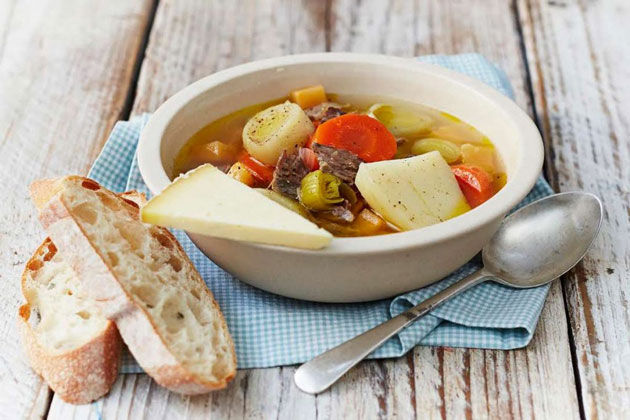 st davids day soup with potatoes, veg, meat, cheese and bread