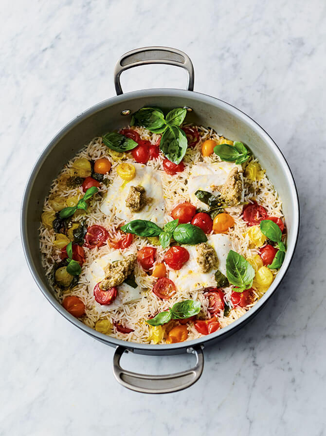 one pan dish for haddock with olive tapenade, tomatoes, basil and rice