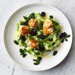Seasonal vegetables - sizzling seared scallops with peas