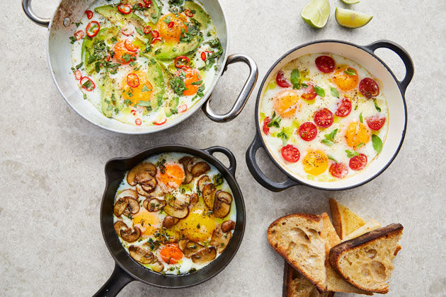 baked eggs 3 ways with bread on the side