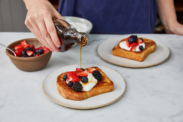 French toast being drizzled with maple syrup. How to make French toast