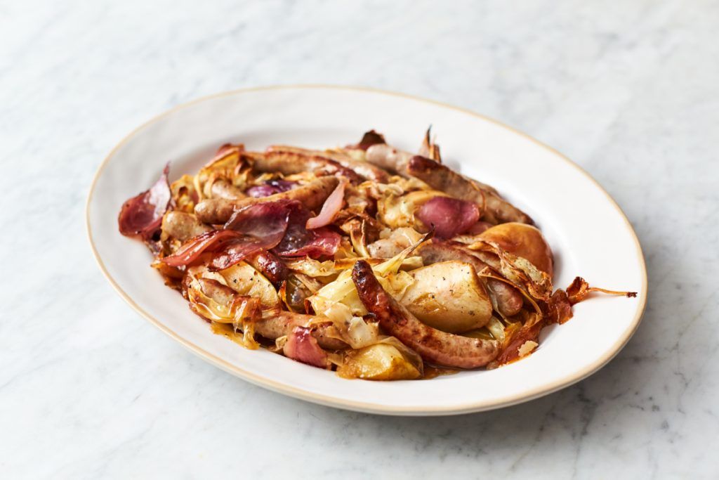 Ultimate bonfire night feast recipes - sausage and apple bake on a plate