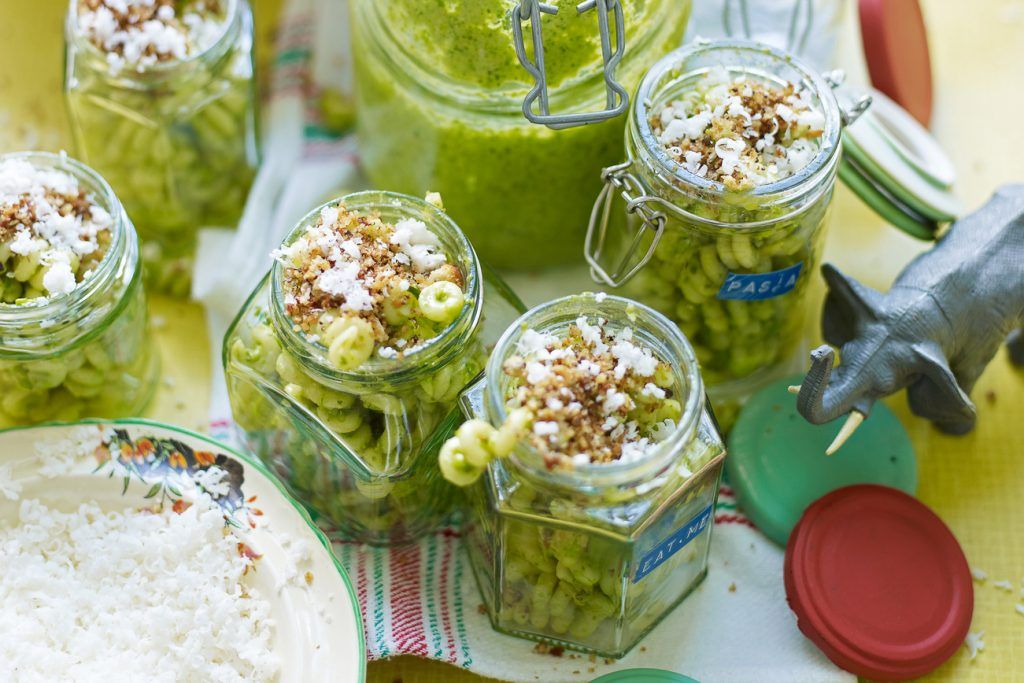 Back to school pesto pasta in jars with labels