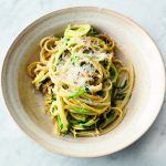 courgette recipes: a bowl of linguine with lemon and courgette topped with Parmesan