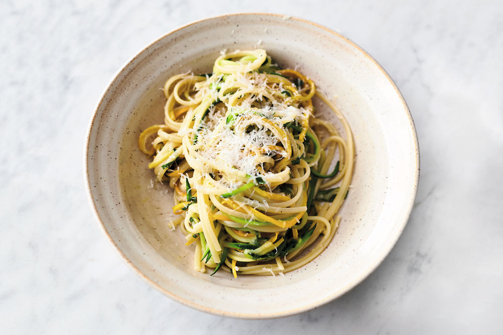 courgette recipes: a bowl of linguine with lemon and courgette topped with Parmesan
