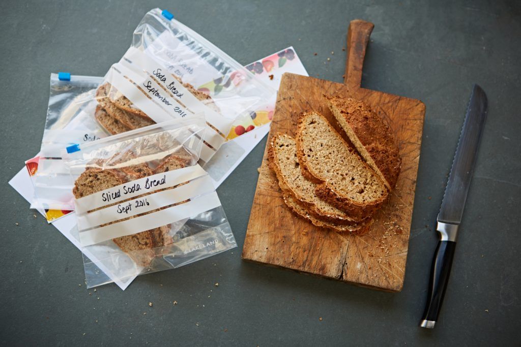 Sliced soda bread packed into labelled freezer bags