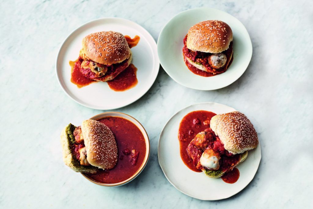 Four plates of messy meaball buns - Sandwich recipes