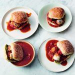 Four plates of messy meaball buns - Sandwich recipes