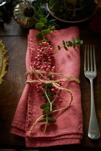 A pink folded napkin with a branch of cranberry and eucalyptus laid on top