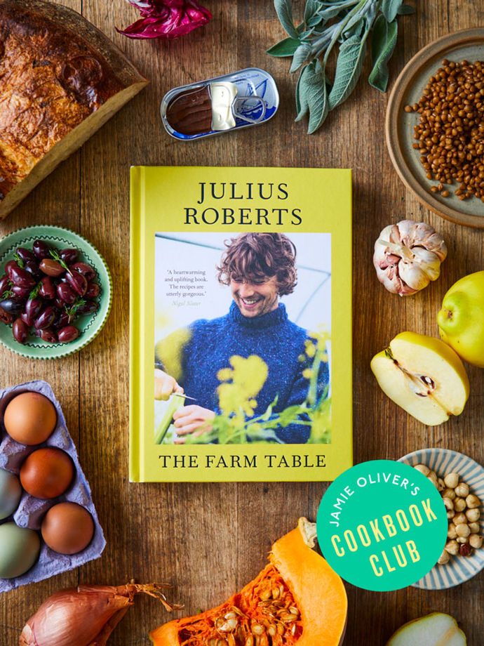 Cookbook club — Cookbook of February, The Farm Table by Julius Roberts surrounded by ingredients