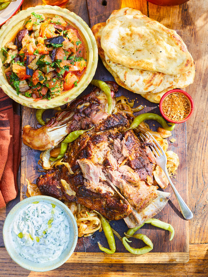 Jamie and Weber's slow-cooked lamb shoulder, made on a Weber barbecue, with homemade bread, dip and salsa