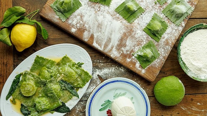 Fresh green ravioli with ricotta cheese and lemon for the filling