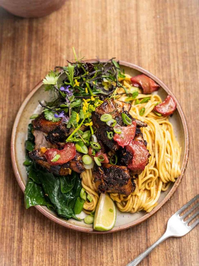 Hot 'n' sour crispy pork with rhubarb and noodles