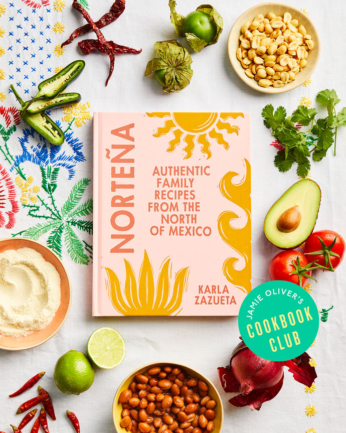 May Cookbook club book, Nortena by Karla Zazueta surrounded by ingredients