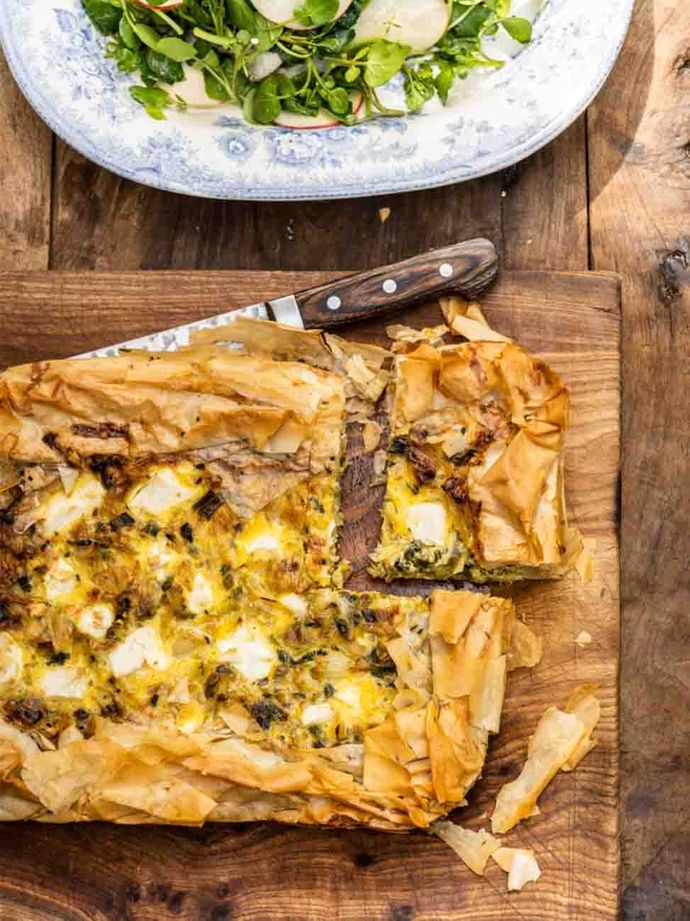 Scruffy spring tart on filo pastry with a side salad