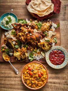 Kerala-style roast chicken with rice, chutney and a yoghurt dressing