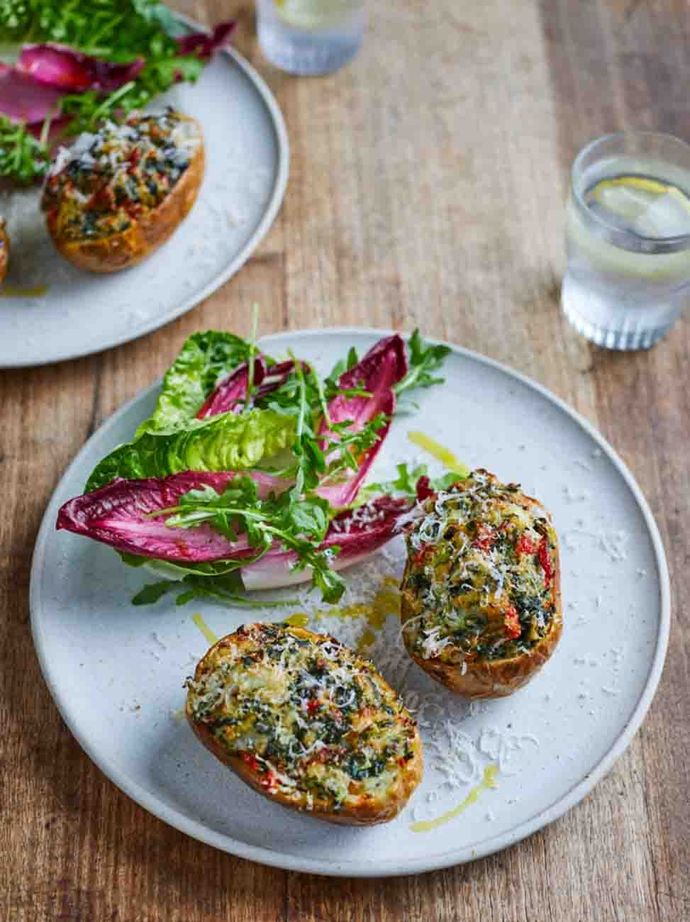 Air-fryer baked potato skins with chicory salad