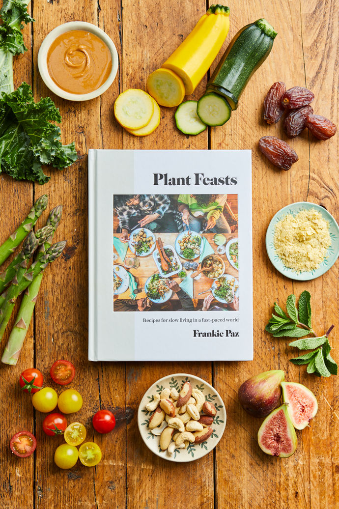 June Cookbook club book, 'Plant Feasts' by Frankie Paz surrounded by ingredients