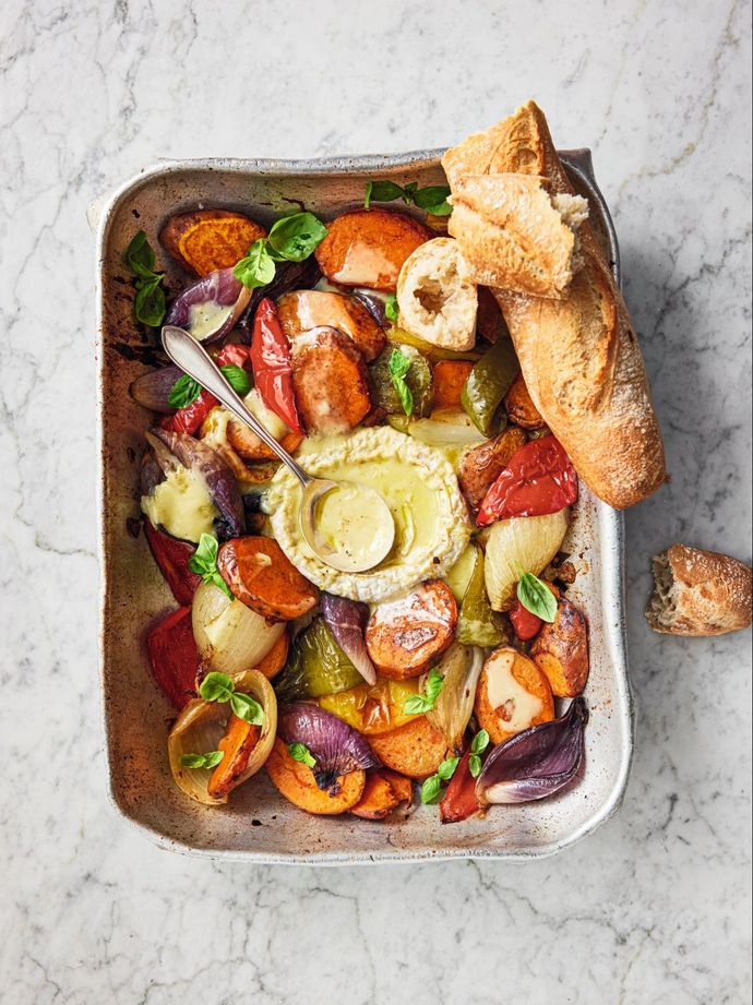 Roasted veg with Camembert fondue in a rustic oven tray. Recipe from Simply Jamie cookbook