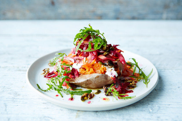 Healthy family meals - baked sweet potato with lettuce and beetroot shredded on top