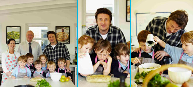 Jamie cooking with kids and family