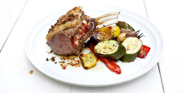 lamb recipe with roasted veg on the side and herbs on top