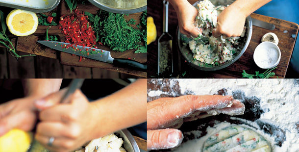 hands making a dough dish with herb seasoning, chilli and lemon