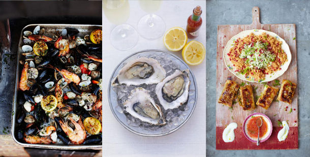 3 seafood recipes next to each other