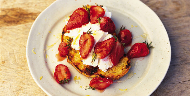 strawberries and cream on toast with honey