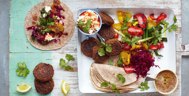 Bank Holiday - falafel and hummus wraps with grilled veg and feta
