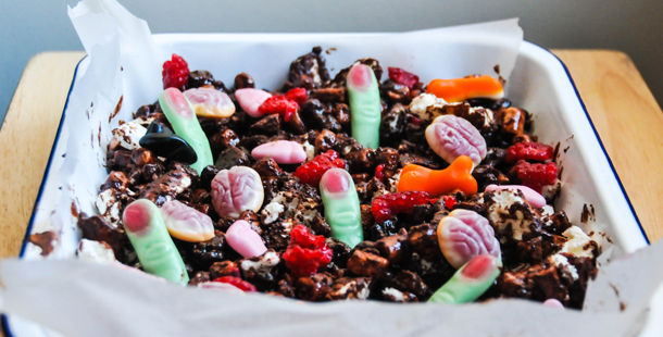 Halloween recipes with jelly brains, bones and fingers in a chocolate rocky road