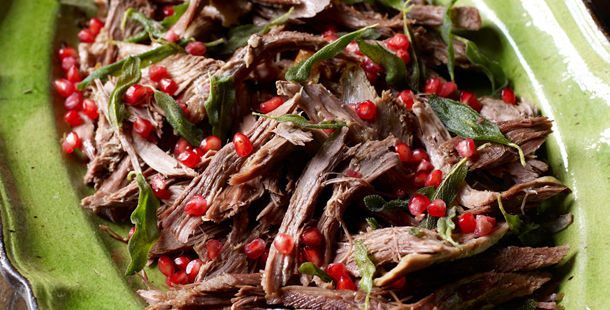 shredded goose with pomegranate and herbs on top