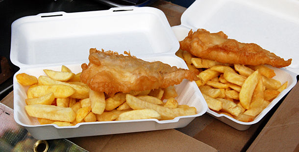 fish and chips in polystyrene boxes