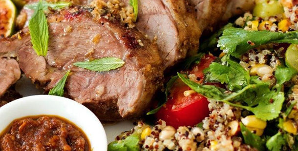 roasted beef with couscous and herbs with tomato