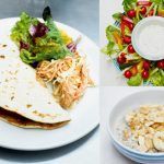 3 recipes for healthy meals - sliced veg salad and dip in the middle, a porridge breakfast with oats and nuts on top and a flatbread with slaw and salad