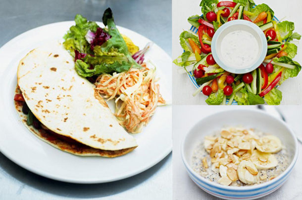 3 recipes for healthy meals - sliced veg salad and dip in the middle, a porridge breakfast with oats and nuts on top and a flatbread with slaw and salad