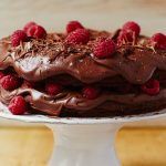 chocolate and raspberry gateux cake with chocolate shavings on top