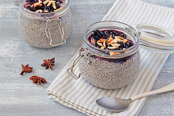chia seed pudding with star anise, cherries and almond