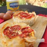 filo pastry with roasted tomatoes on top and hellmans on the side