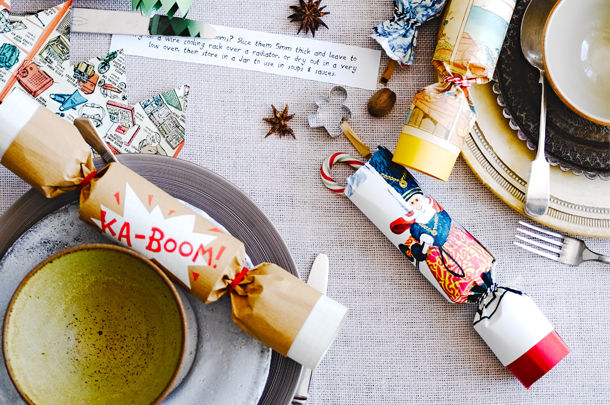 homemade christmas crackers on dining table