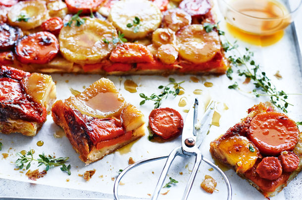 vegetarian tart with glazed root vegetables on pastry