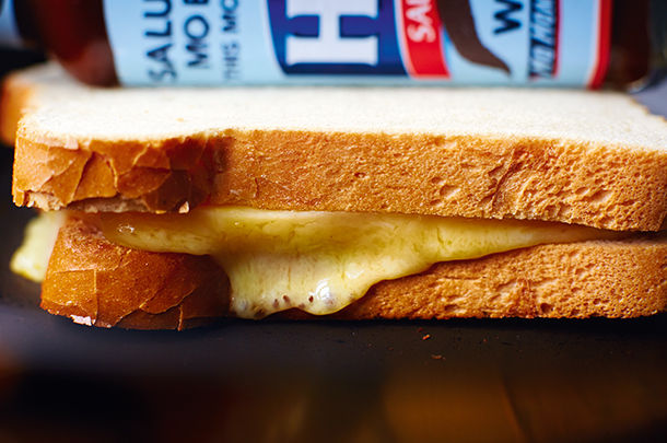 melted cheese toastie with HP sauce bottle